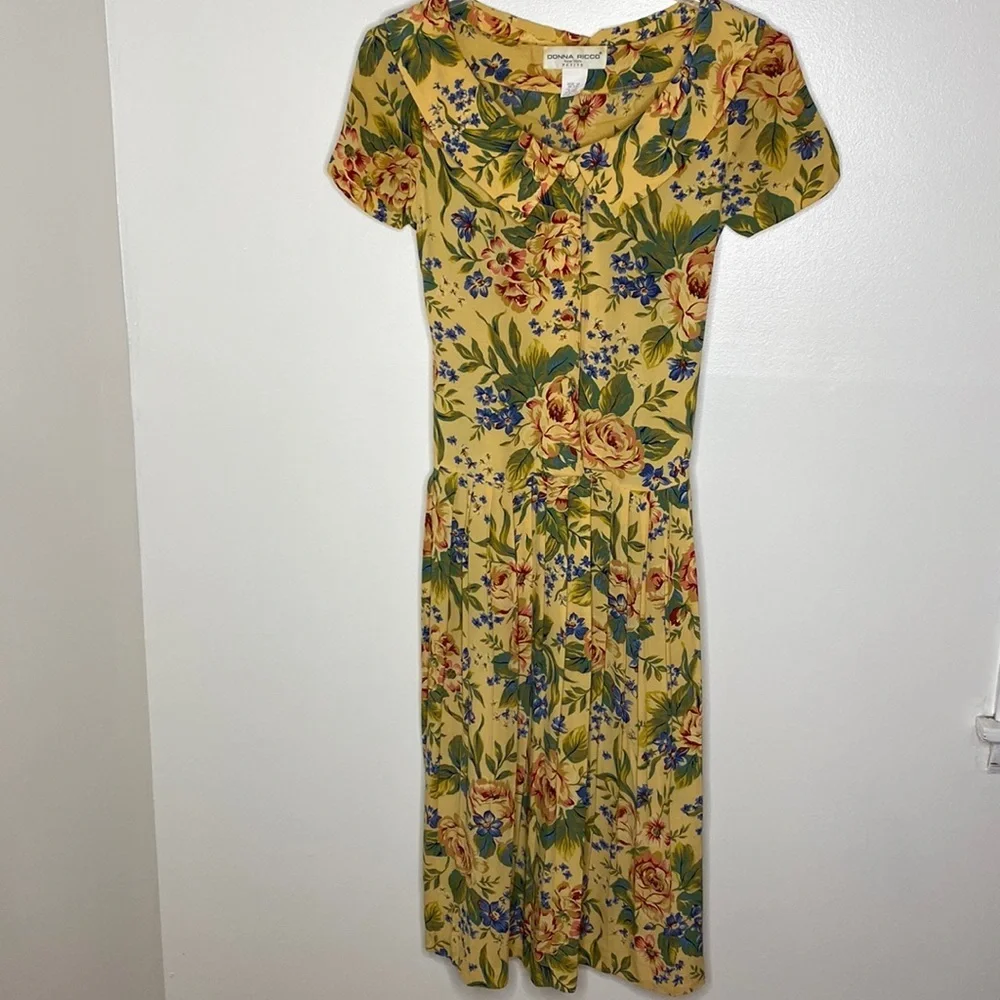Vintage Y2K Donna Ricci Floral Midi Dress With Bow Tie Back & Pleated Skirt M - Picture 4 of 14